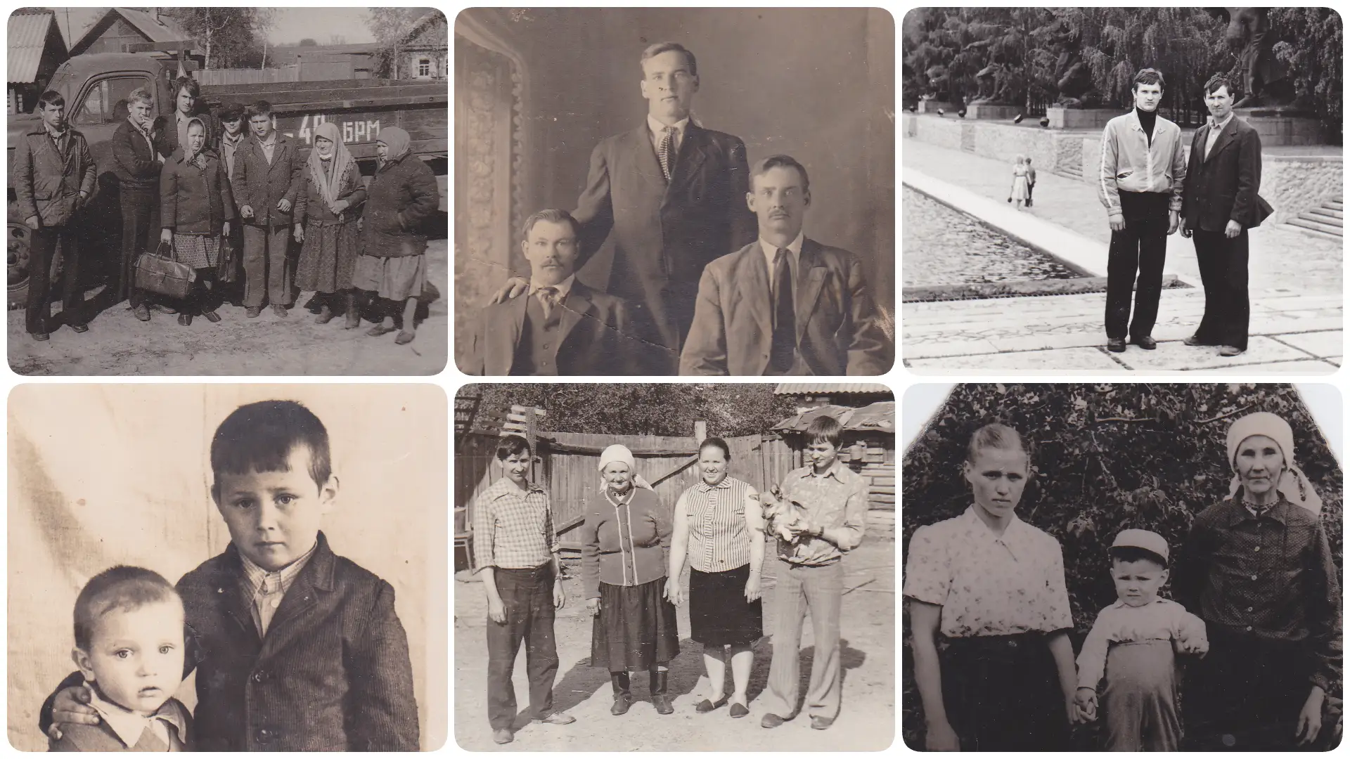 Старі сімейні фотографії з Брянської області, одна на щільному картонному підкладі з рамкою.