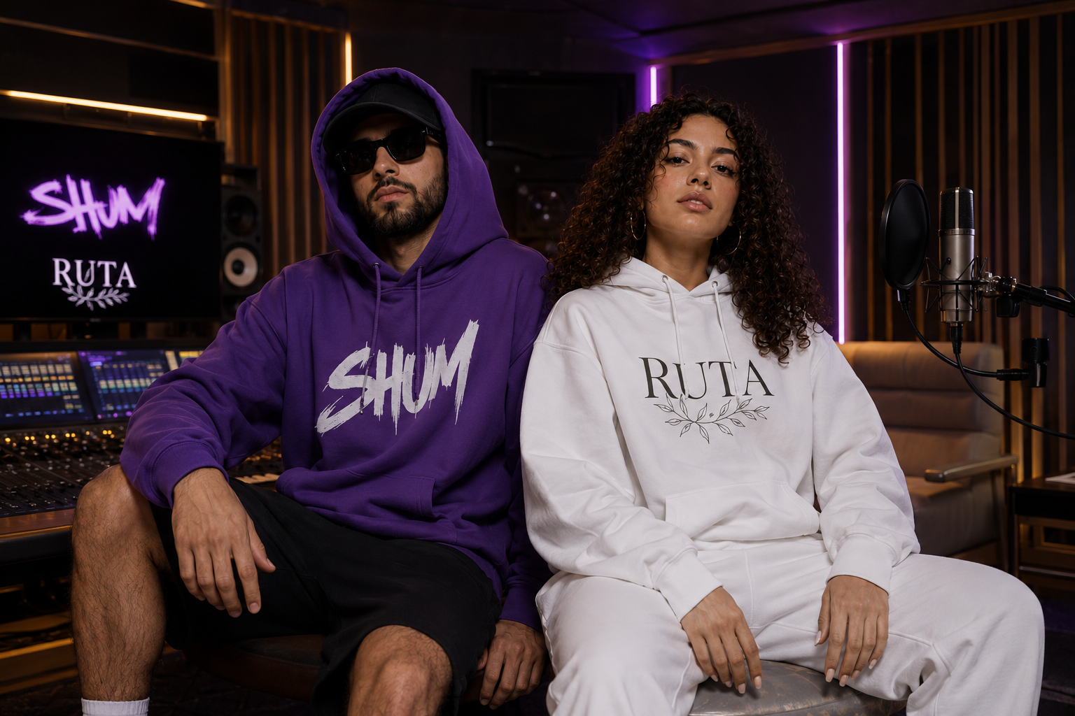 Портрет SHUM & RUTA у студії звукозапису — чоловік у фіолетовому худі з написом "SHUM", жінка у білому з написом "RUTA", на фоні мікшерний пульт і логотипи дуету на екрані
