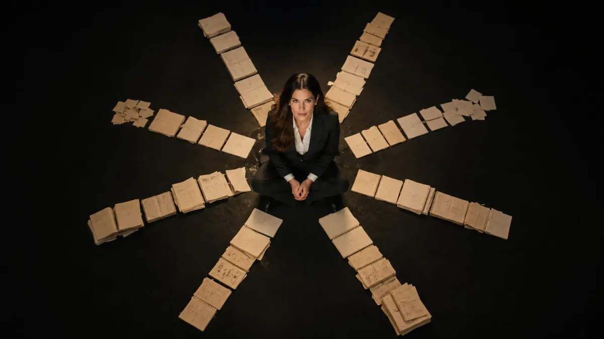 Vault principles — chaos and order on a desk, split composition